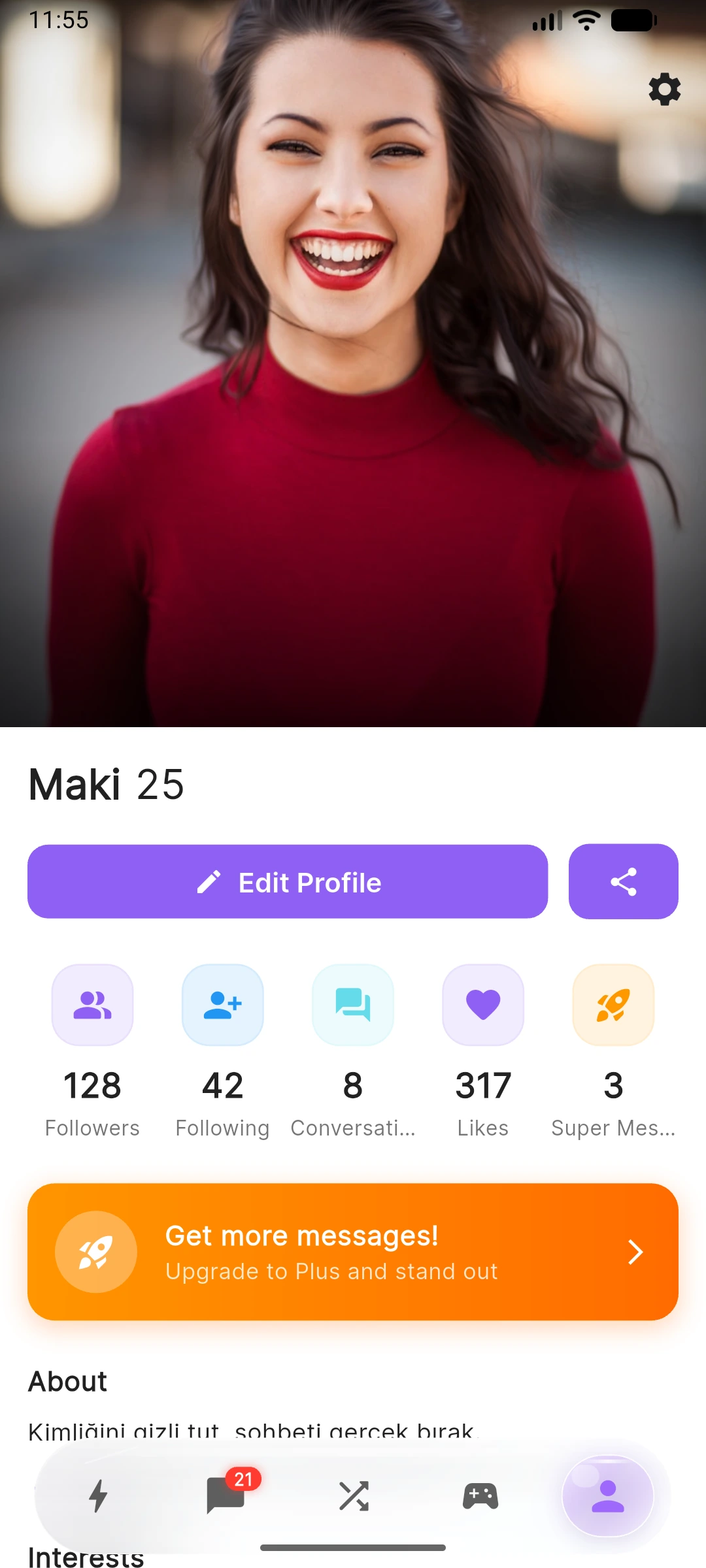 Real MaskedTalk profile and Plus promotion screen