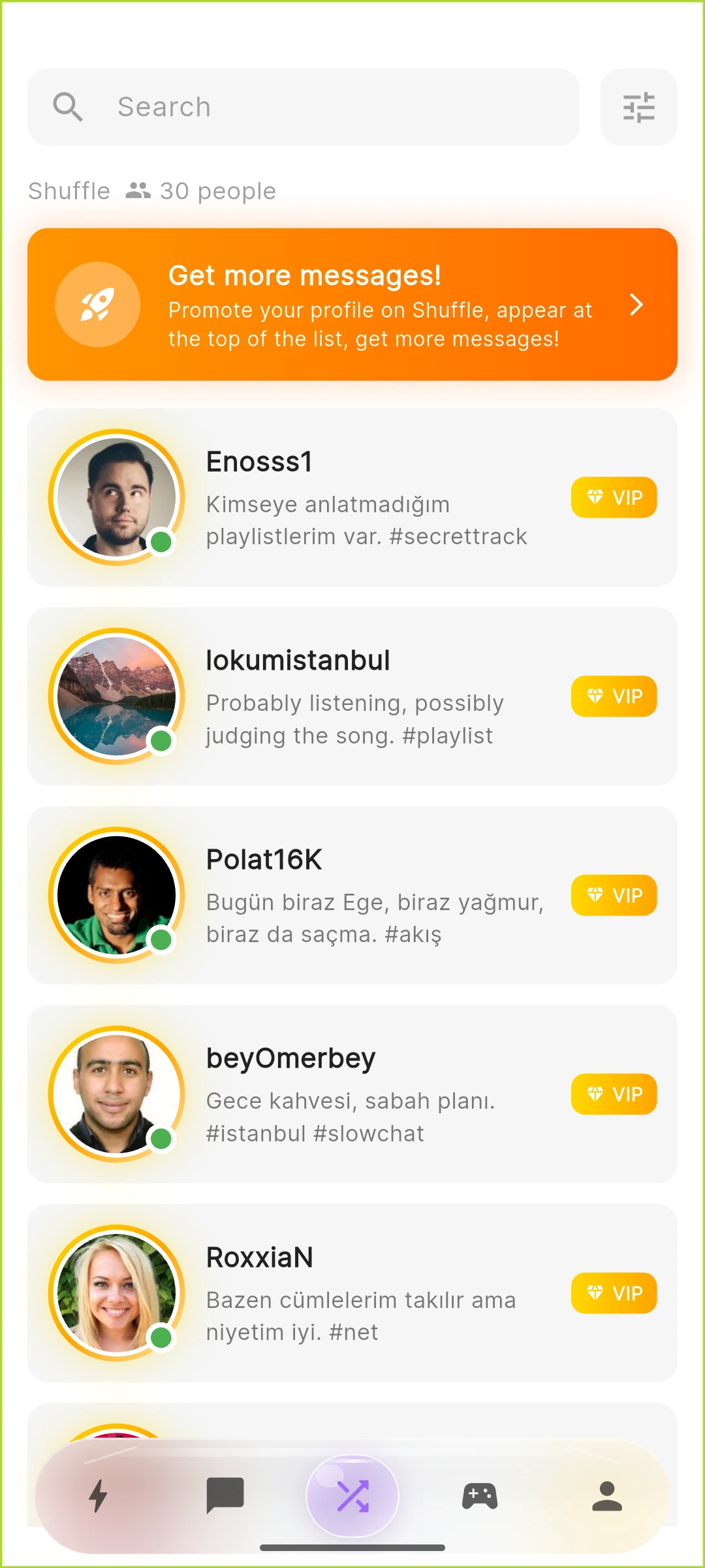 Real MaskedTalk Shuffle discovery screen